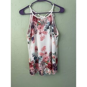 New Mode USA Floral Top White Pink Watercolor Sleeveless S